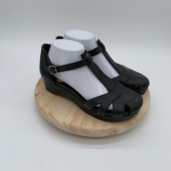 Swedish Hasbeens Toffel Clogs Women 37 US 7 Low Heel Leather Wood Sandals Black - Picture 3 of 8